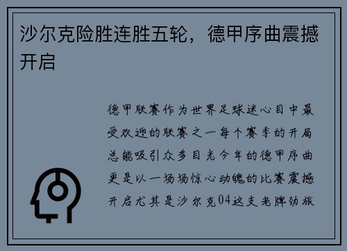 沙尔克险胜连胜五轮，德甲序曲震撼开启